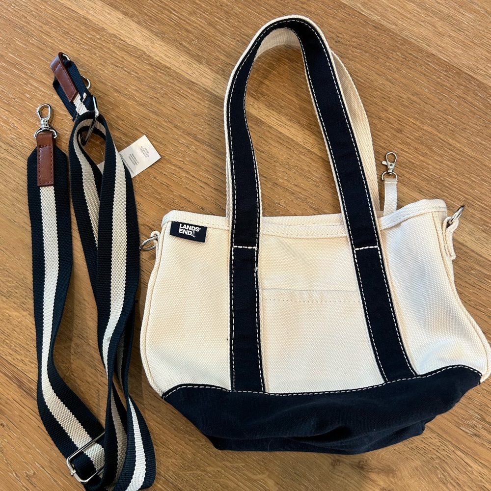 Lands' End Black and Cream Canvas Tote with Strap